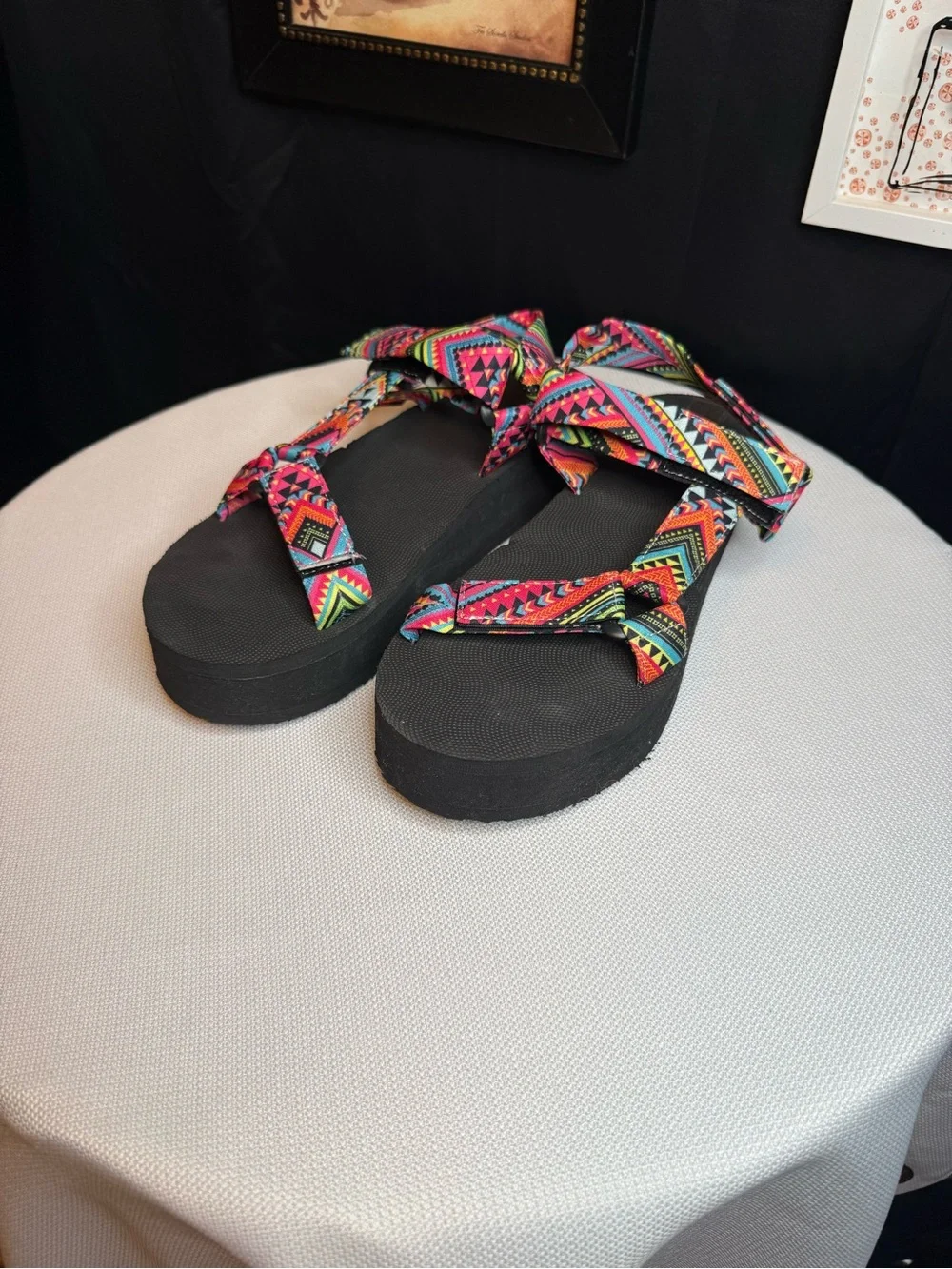 Women’s Colorful Aztec Strap Sandals - Black Footbed-New